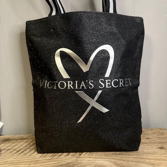 Victorias Secret Black Glitter Canvas Tote Bag With Logo & Striped Handles - Picture 2 of 9